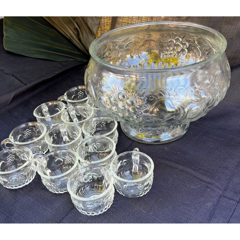 Vintage 1950s Jeannette Glass Harvest Grape Punch Bowl and 12 Cups Set Clear